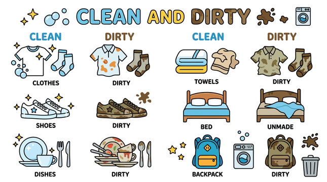 A colorful illustration compares clean and dirty laundry, clothing, shoes, and household items in a tidy versus messy environment.