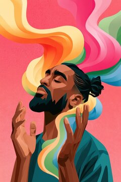 Bearded man with closed eyes in a colorful abstract portrait evoking meditation and creative flow