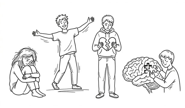 Emotional states illustration happiness sadness heartbreak and problem solving