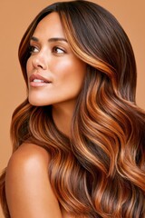 Fototapeta premium Studio portrait of a woman with long wavy hair, copper highlights and glowing skin, beauty concept