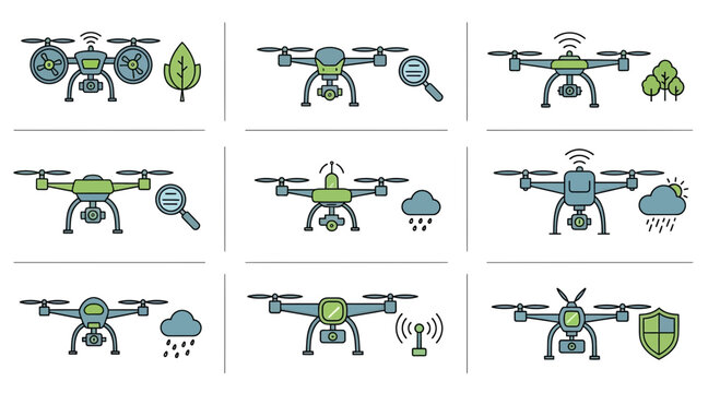 Drone Technology Icons: Surveillance, Weather, Security, and Nature Monitoring