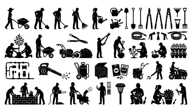 Black gardener and landscaping worker silhouette vector pack