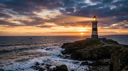 Fototapeta premium Lighthouse standing strong, guidance and trust symbol, coastal landscape, evening light, maritime strength, copy space