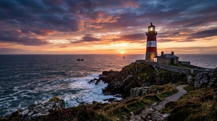 Fototapeta premium Lighthouse standing strong, guidance and trust symbol, coastal landscape, evening light, maritime strength, copy space
