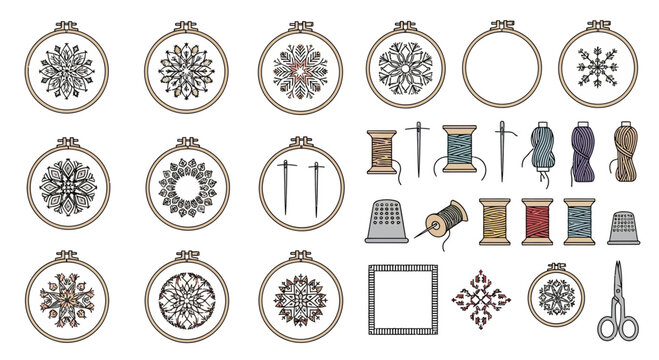 Embroidery Kit Elements: Hoops, Needles, Threads, Thimbles, Scissors, Patterns
