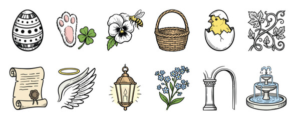 Obraz premium Set of diverse vector icons. Easter, nature, garden, fantasy, vintage symbols. Collection of seasonal, spring, spiritual decorative items.