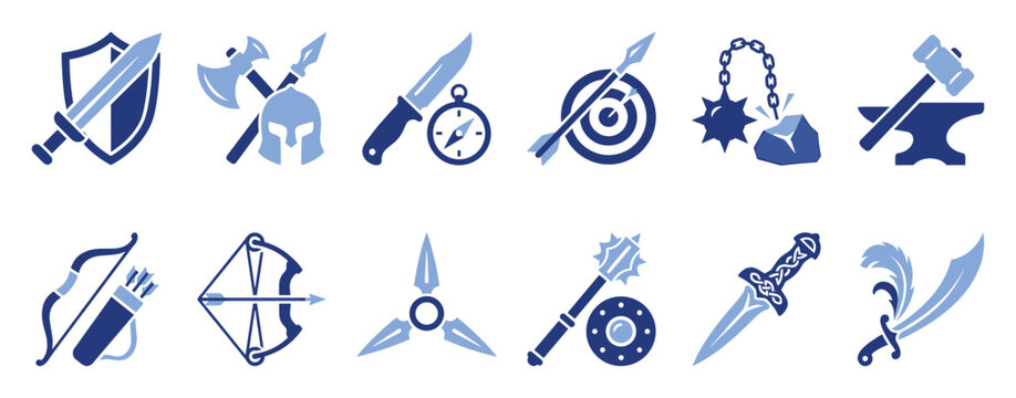 Set of weapon icons. Medieval combat tools, warrior equipment, shield, sword, axe, bow, arrow, mace, dagger. Flat vector symbols for game UI and adventure.