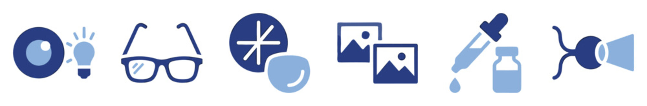 Set of eye care icons. Vision, ophthalmology, optometry, sight, eyewear, treatment, examination symbols. Glasses, contact lenses, eye drops, vision test graphics.