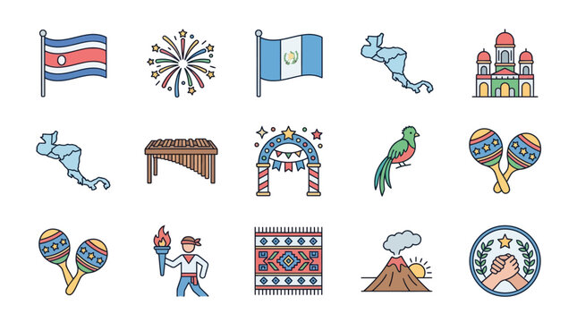 Colorful icons representing Central American culture and events