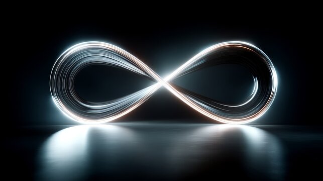 Minimal abstract artwork with glowing infinity symbol in deep black space, soft LED trails, cinematic lighting, strong negative space, modern futuristic premium concept