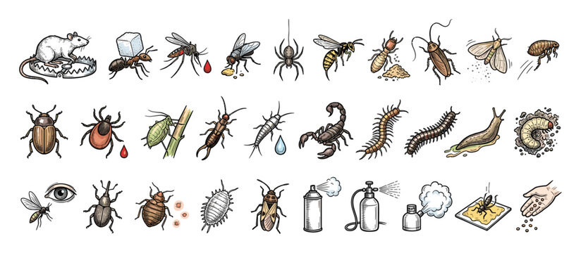 Set of pest control icons. Household and garden insects, bugs, rodents, vermin. Traps, repellent, extermination symbols, prevention methods.