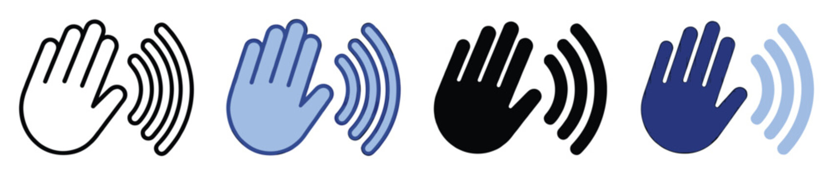 Set of hand waving signal icons. Hello gesture, communication, touchless interaction symbol. Outline, flat, filled, solid styles.