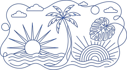 Obraz premium Minimalist line art illustration featuring a tropical palm tree with sun and ocean wave elements