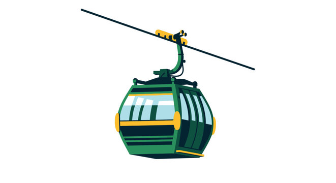 Modern green gondola lift cabin suspended on cable.
