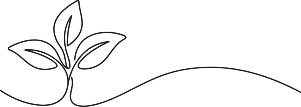 Minimalist single continuous line drawing of three green leaves sprouting