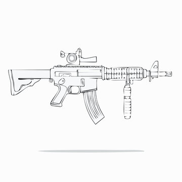 Detailed sketch of a modern automatic firearm weapon with scope and attachments, perfect for military or tactical designs