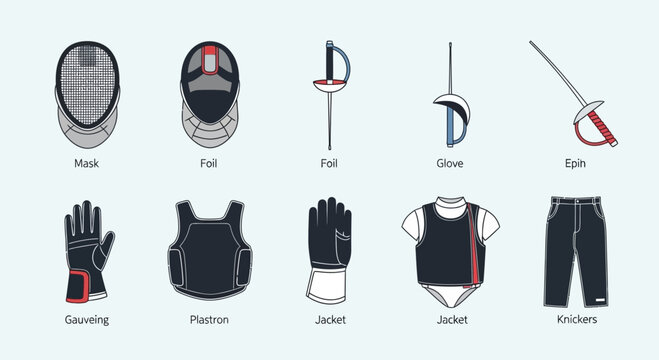 Fencing Equipment Set: Foil, Mask, Glove, Jacket, Plastron, Knickers