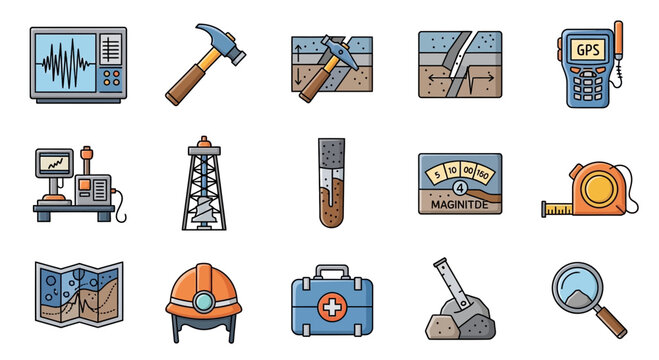 Geology and Mining Equipment Icons Set Vector