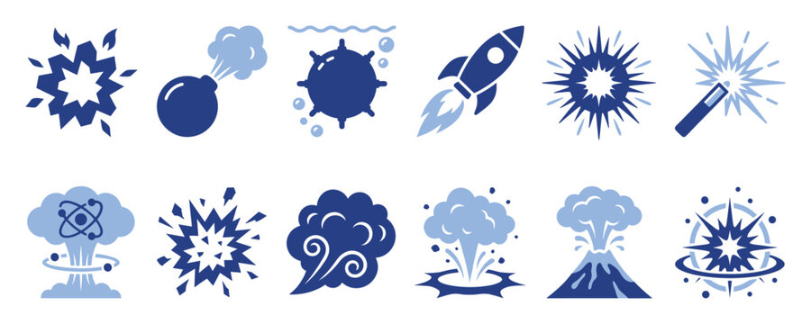 Set of explosion icons. Bomb blast, nuclear eruption, volcano, rocket launch, sea mine, sparkler symbol. Energy bursts, danger, power, and science pictograms.