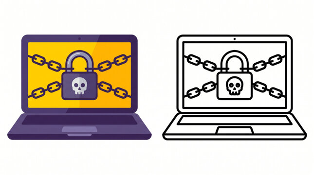 Laptop computer screen locked by chains and a padlock with a skull symbol. Ransomware cyber security breach illustration in flat design and line art.