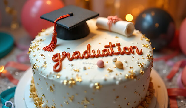 Graduation celebration cake with mortarboard and confetti on transparent background