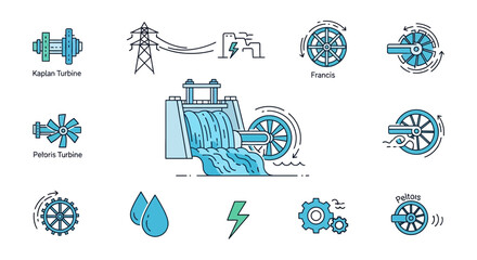 Hydroelectric Power Generation Icons and Diagram: Turbines, Dam, Electricity © imam