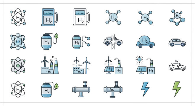 Hydrogen Energy Icons: Clean Fuel, Eco-Friendly Transport, Renewable Power