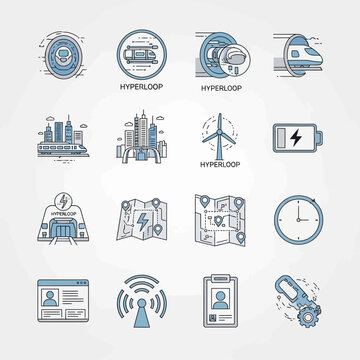 Hyperloop Technology Icons: Futuristic Transport, City, Map, Battery, Clock