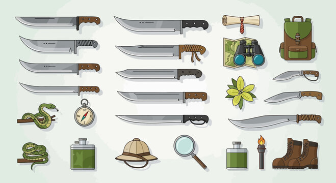Jungle Adventure Gear: Knives, Map, Compass, Binoculars, Backpack