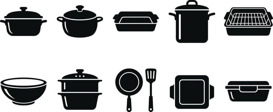 Collection of cooking pots and pans icons on a white background representing kitchenware diversity