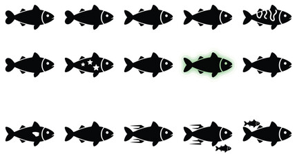 A single glowing fish stands out from a school of identical black fish, symbolizing individuality and leadership. © yuanita