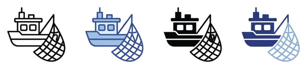 Obraz premium Set of fishing boat icons. Trawler, vessel, ship, marine transport, commercial fishing symbol. Outline, flat, solid style graphic.