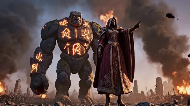 Epic fantasy sorceress commanding a massive glowing stone golem on a burning battlefield, cinematic dark magic war scene with magical runes