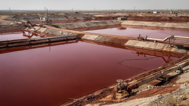 Medium shot of expansive red mud tailings ponds with fresh wet surfaces reflecting sunlight containment berms holding vibrant residue and active pipelines nearby.
