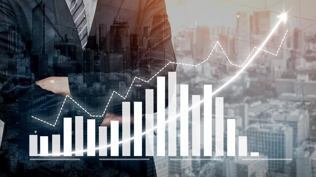 Confident businessman stands in a modern office, viewing a city skyline while surrounded by growth graphs, symbolizing financial success and strategic progress. Copula