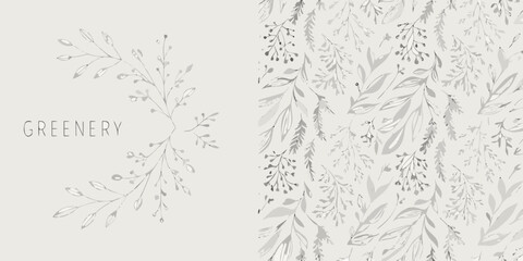 Obraz premium Minimalist hand drawn greenery pattern with delicate leaves and stems on a neutral background botanical