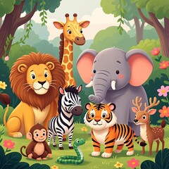 Naklejka premium Adorable cartoon jungle animals gather in a vibrant, lush forest, a charming illustration perfect for children's books and educational materials