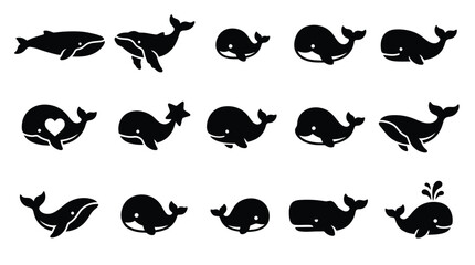 Collection of cute whale icons in silhouette, representing different poses and styles for marine life themes. © yuanita