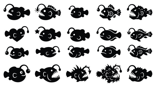 Collection of stylized black and white illustrations of anglerfish in various poses and expressions, perfect for educational or decorative purposes.