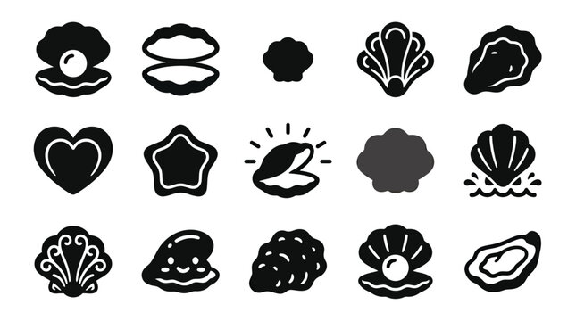 Collection of stylized icons representing various seashells, pearls, and oysters, presented in a clean, graphic style.