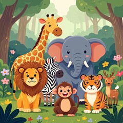 Naklejka premium Friendly Wild Animals Group in a Lush Jungle Forest Setting