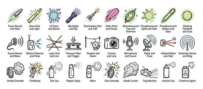 Security and Detection Icons Set. Surveillance, Alert Systems, Signaling, Deterrents, Defense Equipment, Tactical Gear, Warning, Protection Symbols.