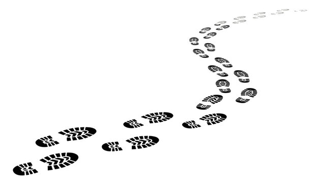 Black boot footprints winding trail path isolated on a clean white background symbolic of journey progress steps and tracking