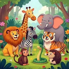 Naklejka premium A vibrant and joyful scene depicting a diverse group of friendly cartoon jungle animals in a lush, green forest setting