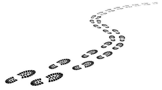 Black shoe print footprints trail on white background winding vector silhouette path boot steps walking route track graphics