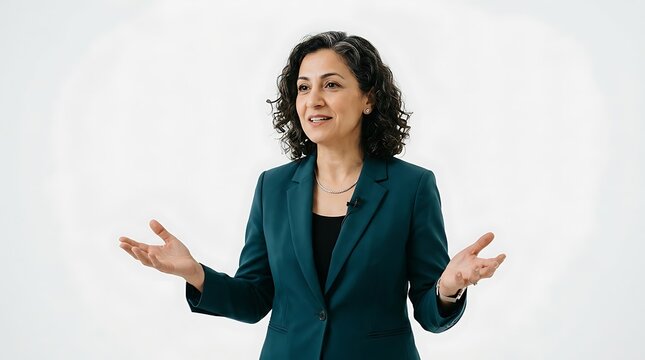 Confident Mature Businesswoman Giving Presentation with Lapel Mic