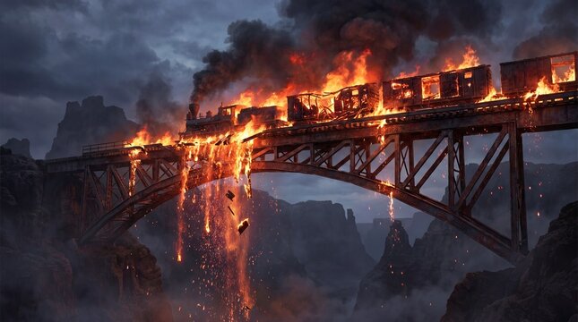 Dramatic scene of a vintage steam train on fire crossing a railway bridge at night, cinematic disaster and catastrophic accident concept.