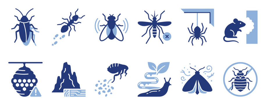 Set of pest control icons. Insect, bug, rodent, spider extermination glyphs. Cockroach, ant, fly, mosquito, mouse, termite, flea, slug, moth, bed bug prevention symbols.
