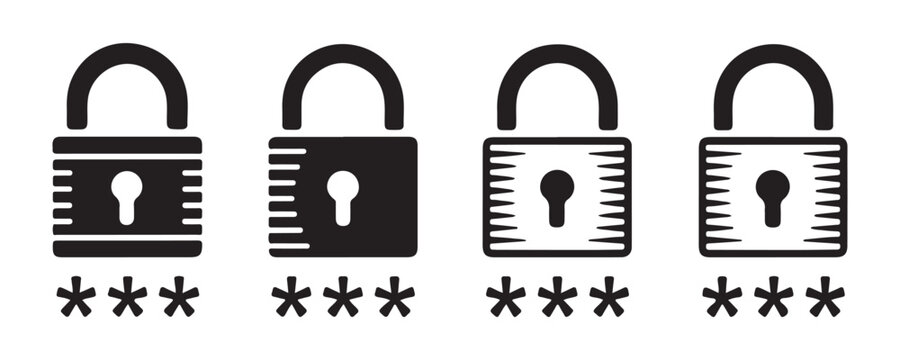 Set of black lock icons with security password asterisks for digital protection and access control.