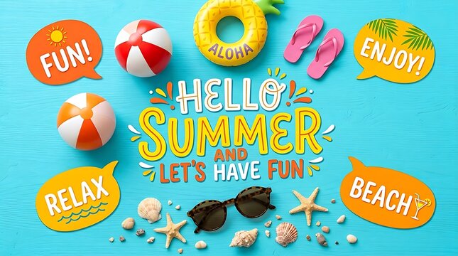 Hello summer let us fun banner with beach accessories like sunglasses, shells, and beach ball on blue wood